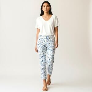 Karl Lagerfeld Paris Cropped Blue Floral Jacquard Pants 8 Skinny Trousers Chic